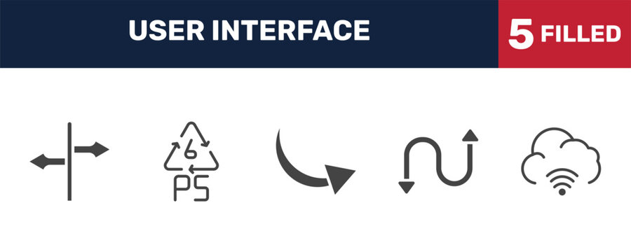 user interface icon set with crossroads, 6 ps, bending, cloud with connection signs in filled style. solid icons for ui, web and printing