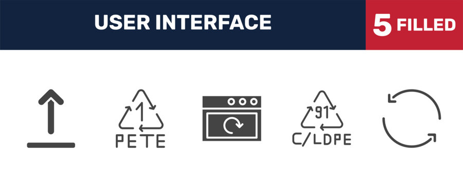 user interface icon set with upload button, 1 pete, 91 c/ldpe, circular arrow signs in filled style. solid icons for ui, web and printing