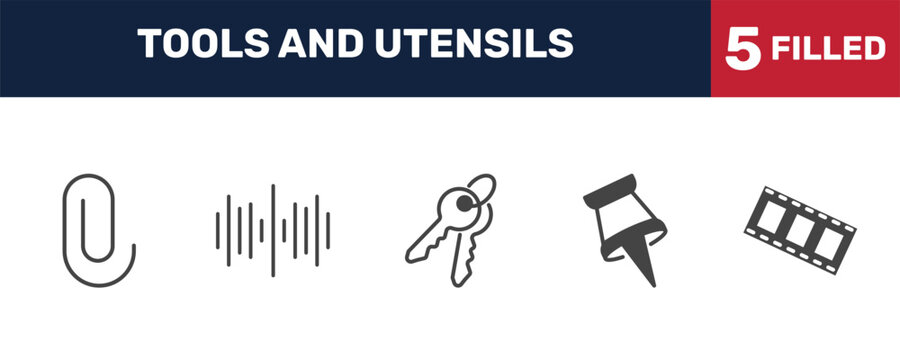 tools and utensils icon set with attachments, sound wave bars, tack save button, film strip photograms signs in filled style. solid icons for ui, web and printing