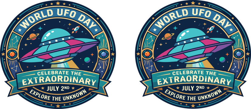 Colorful circular world ufo day badge illustration featuring a flying saucer with vibrant cosmic elements and bold typography on transparent background