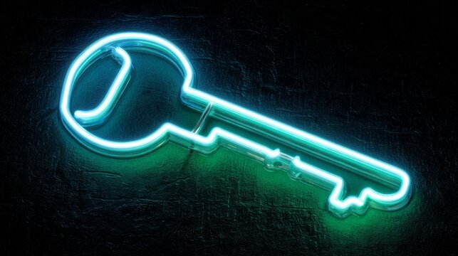 Glowing neon key in dark background representing digital security, cyber protection, advanced technology, secure access, innovation, success, future opportunity, data privacy, encryption, modern virtu