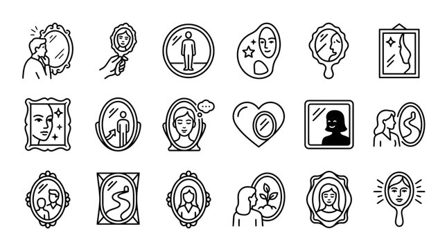 Self-reflection and identity icons: people looking in mirrors, self-discovery, introspection