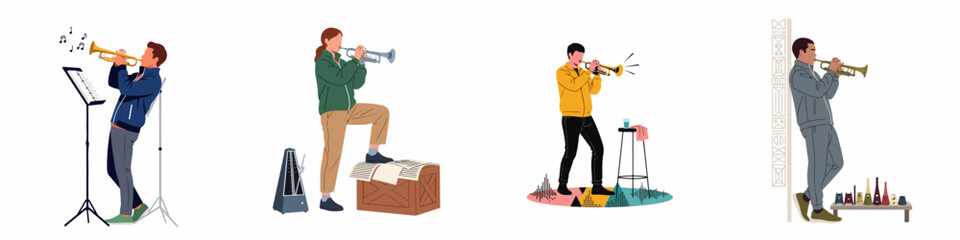 Collection of diverse people playing trumpet in various settings, featuring musicians practicing with sheet music, metronomes, and artistic elements in flat design style. © Selfi