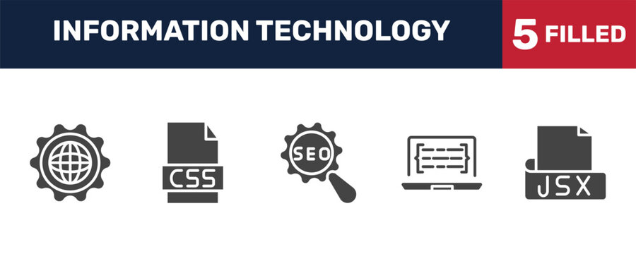 information technology icon set with cyberspace, css file format, code listing, jsx signs in filled style. solid icons for ui, web and printing