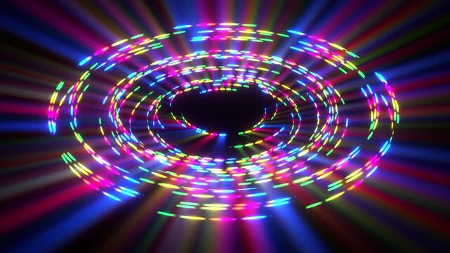 Colorful neon vortex loop with rotating light rays, abstract multi color neon carousel spinning on black background, 4k looped animation.