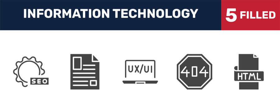 information technology icon set with image seo, article, error 404, html signs in filled style. solid icons for ui, web and printing
