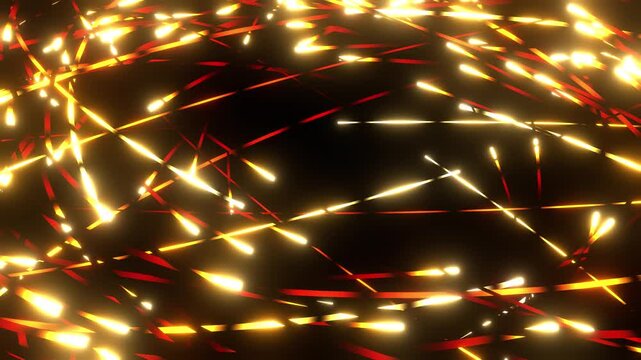Bright neon orange geometric light streak moving on black, 4k looped computer animation.