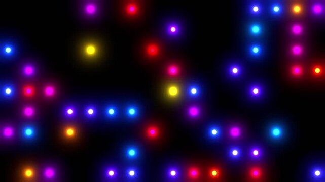 Glowing neon data particles blinking on black background, futuristic digital cloud server and data processing visualization seamless animation