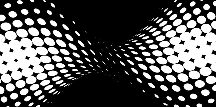 Abstract black and white halftone fantasy wave background with copy space, white dots pattern on black background.