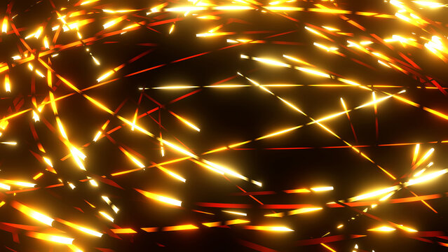 Abstract background with glowing golden neon lines, dynamic cyber tech pattern with overlapping laser stripes on dark.