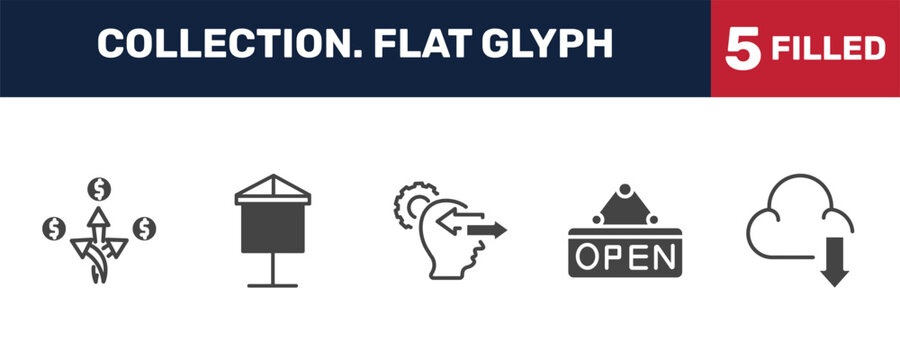 collection. flat glyph icon set with diversify, banner, open, download from cloud signs in filled style. solid icons for ui, web and printing
