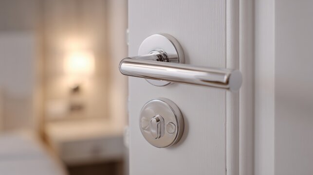 Slightly open white hotel room door with electronic magnetic lock, wireless key card reader, chrome door handle, modern hospitality security, contemporary interior entrance, smart access control syste