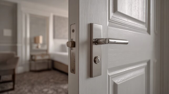 Slightly open white hotel room door with electronic magnetic lock, wireless key card reader, chrome door handle, modern hospitality security, contemporary interior entrance, smart access control syste