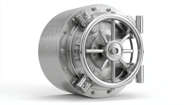 Steel metal safe door handle wheel isolated on white background, realistic 3d render of industrial security locking mechanism, vault handle, heavy duty metallic safety hardware, front view for securit