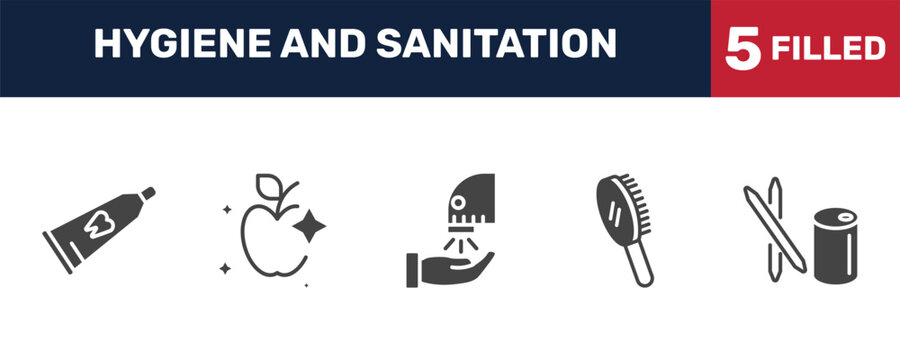 hygiene and sanitation icon set with tooth paste, food hygiene, primp, toothpick signs in filled style. solid icons for ui, web and printing