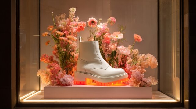 Window display white boot flower arrangement retail display modern showcase glowing platform pastel flower shop window fashion display decorative display