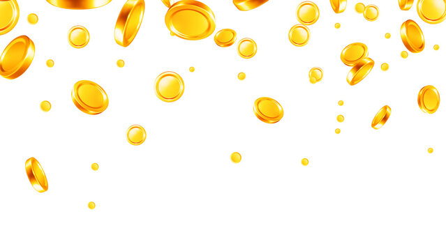Gold coins Falling, Falling Gold Coins Rain Background &ndash; 3D Blank Golden Money Jackpot Graphic, Flying Golden Tokens Shower &ndash; Casino Winner and Wealth Concept on Black
