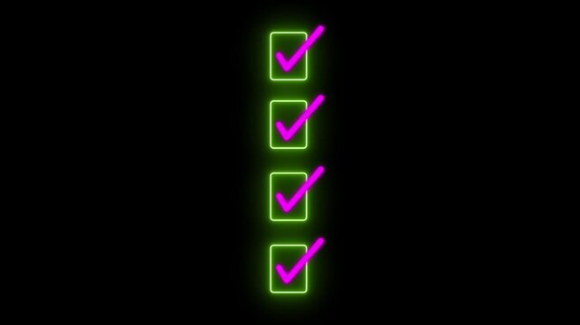 Neon checklist animation with glowing pink checkmarks on green boxes for task completion and success,4k video.
