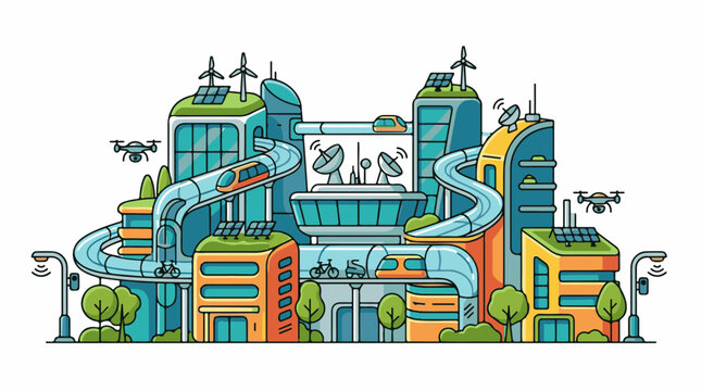 Futuristic city with monorails drones and green technology