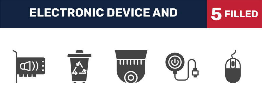 electronic device and icon set with sound card, trash compactor, magsafe, mouse signs in filled style. solid icons for ui, web and printing