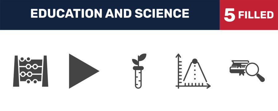 education and science icon set with abcus, right triangle, ballistic, research with books signs in filled style. solid icons for ui, web and printing