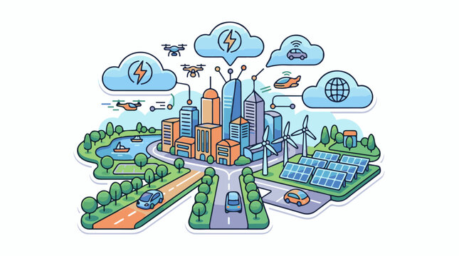 Futuristic city with renewable energy drones and smart vehicles