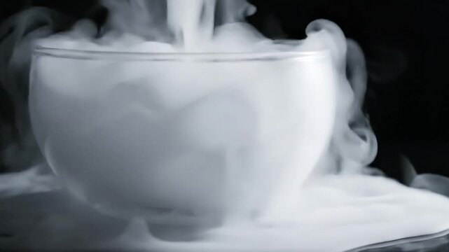 Dry ice sublimates in a clear glass bowl, creating thick white fog that cascades over the edges against a dark background, perfect for special effects or scientific concepts