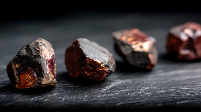 Close up of copper ore raw material,with the ore placed on top of black shale, subtle metallic reflection, emphasizing advanced energy storage materials and strategic mineral significance