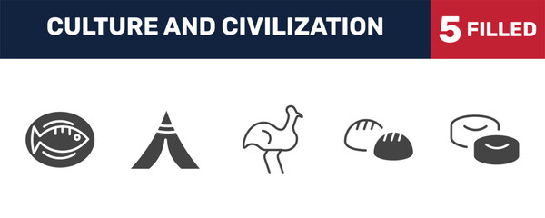 culture and civilization icon set with cantonese fish, native american wigwam, steamed bread, mantecados signs in filled style. solid icons for ui, web and printing © Abstract