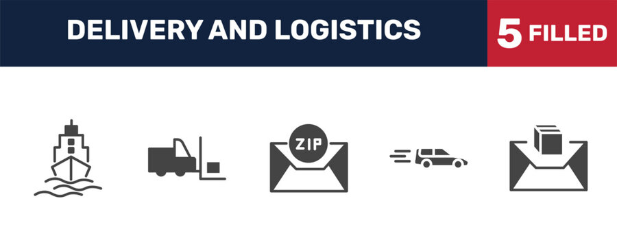 delivery and logistics icon set with ship by sea, forklift, delivery by car, air mail signs in filled style. solid icons for ui, web and printing