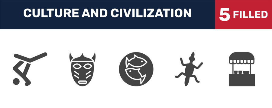 culture and civilization icon set with capoeira brazil dancers, native american mask, gecko top view shape, food stall signs in filled style. solid icons for ui, web and printing