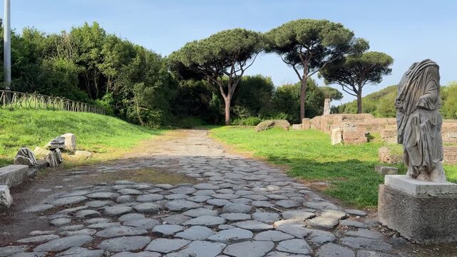 Old Roman Streets in Ostia Antica Italy with Ancient Ruins and Historic City Remains