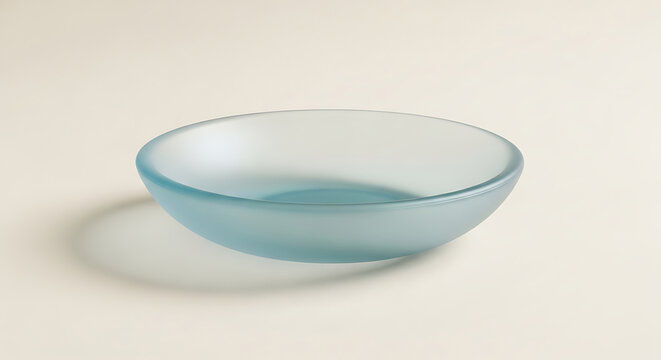 Empty frosted glass bowl with a soft blue tint on a neutral off-white background surface