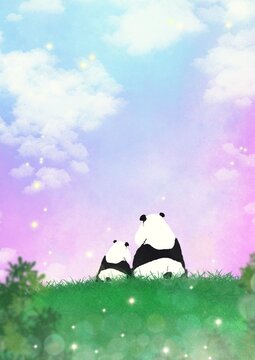 Cute digital illustration of a mother panda and her cub sitting back to back on a green hill, gazing at a dreamy pastel sky filled with soft clouds and glowing lights.