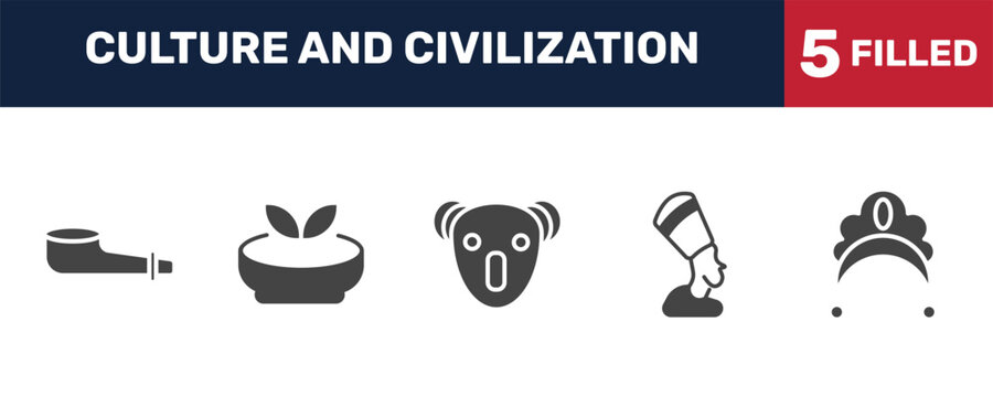culture and civilization icon set with pipe of peace, gazpacho, nefertiti, kokoshnik signs in filled style. solid icons for ui, web and printing