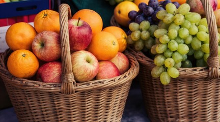 Obraz premium Woven baskets filled with ripe apples oranges and grapes. Fresh colorful produce creates natural abundance display. Healthy harvest sold at market for grocery shopping.