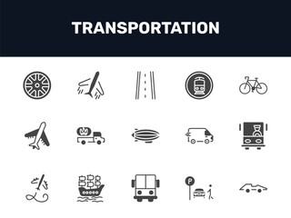 Obraz premium transportation icon set with alloy wheel, road with broken lines, tram stop label, formula 1 signs in filled style. solid icons for ui, web and printing