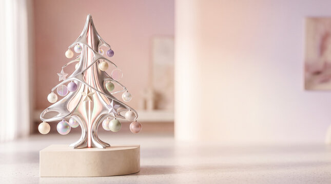 Retro Futurist Pastel Christmas Tree with Copy Space for Holiday Branding and Modern Advertising