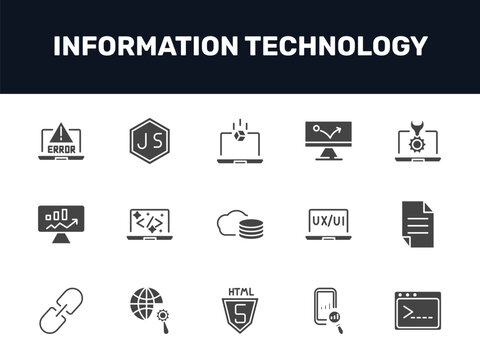 information technology icon set with program error, simulation, advertising bounce, code terminal signs in filled style. solid icons for ui, web and printing