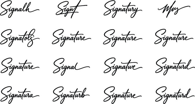 Signature text appears in a grid of multiple variations showcasing clean cursive lettering styles.