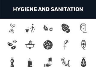 Fototapeta premium hygiene and sanitation icon set with cotton swabs, parasite, sanitary napkin, antiseptic signs in filled style. solid icons for ui, web and printing