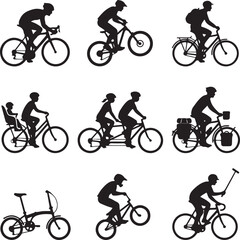 Obraz premium Bicycle silhouette collection, set of 9 cyclist icons including mountain bike, tandem, road racing, and folding bike vector illustrations on white