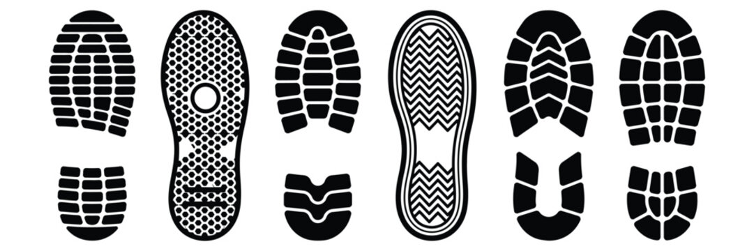 Shoe sole prints, footwear tread texture silhouettes with isolated boot and sneaker outsole patterns, vector illustration for design