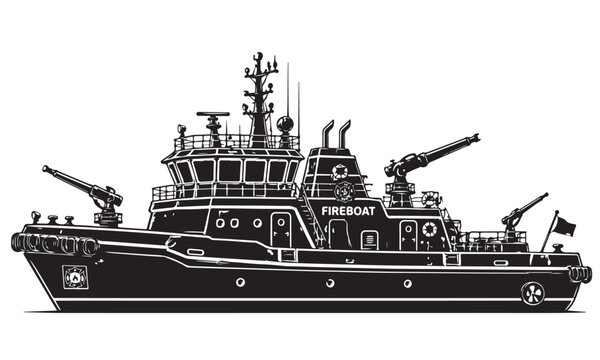 Fireboat silhouette, firefighting vessel, harbor water, vector isolated on white