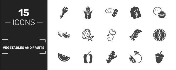 vegetables and fruits icon set with asparagus, potatoes, lettuce, acorn signs in filled style. solid icons for ui, web and printing © Abstract