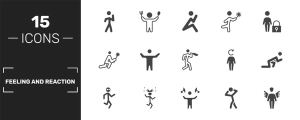 Fototapeta premium feeling and reaction icon set with proud human, lonely human, lucky human, fantastic signs in filled style. solid icons for ui, web and printing