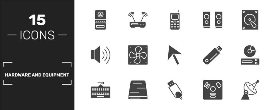 hardware and equipment icon set with computer case, keypad phone, two stereo speakers, parabolic signs in filled style. solid icons for ui, web and printing
