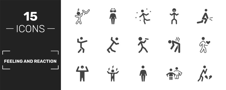 feeling and reaction icon set with pissed human, great human, determined human, heartbroken signs in filled style. solid icons for ui, web and printing