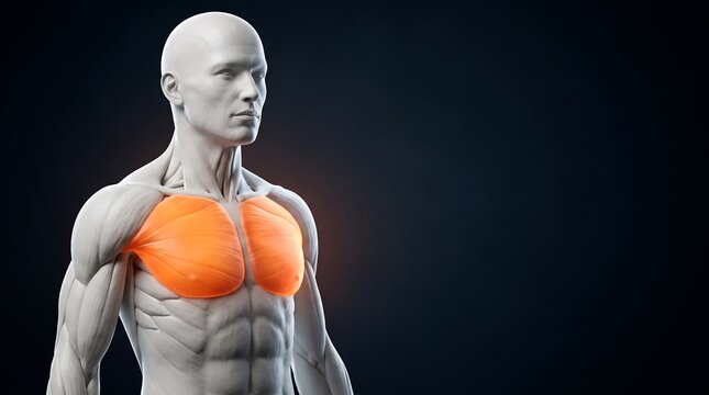 3D anatomical illustration of the male chest muscles, specifically highlighting the pectoralis major in orange.