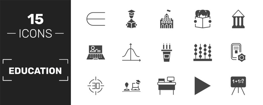 education icon set with is an element of, university, reading book, math class signs in filled style. solid icons for ui, web and printing